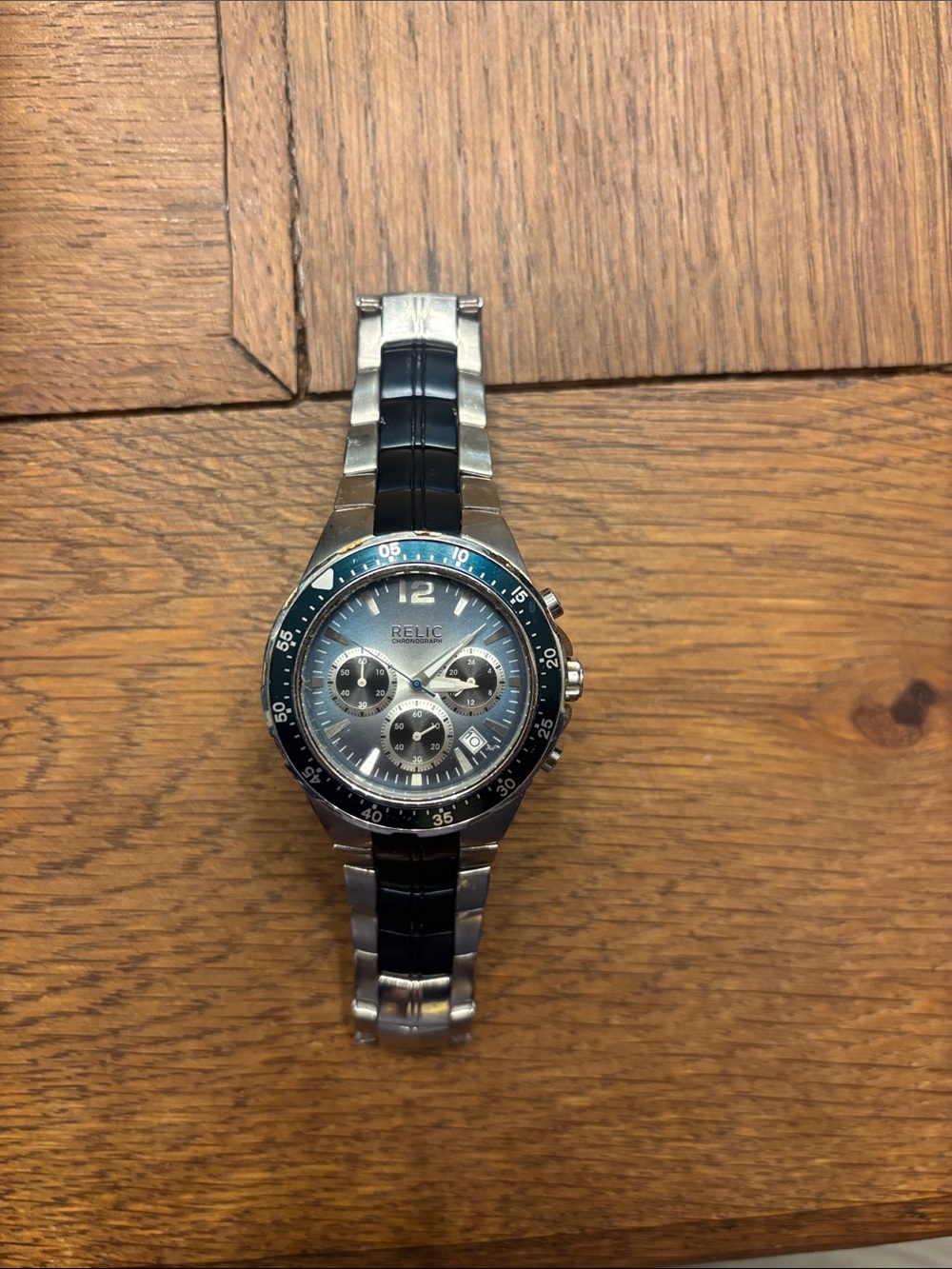 Relic Silver and Blue Stainless Steel Chronograph Watch